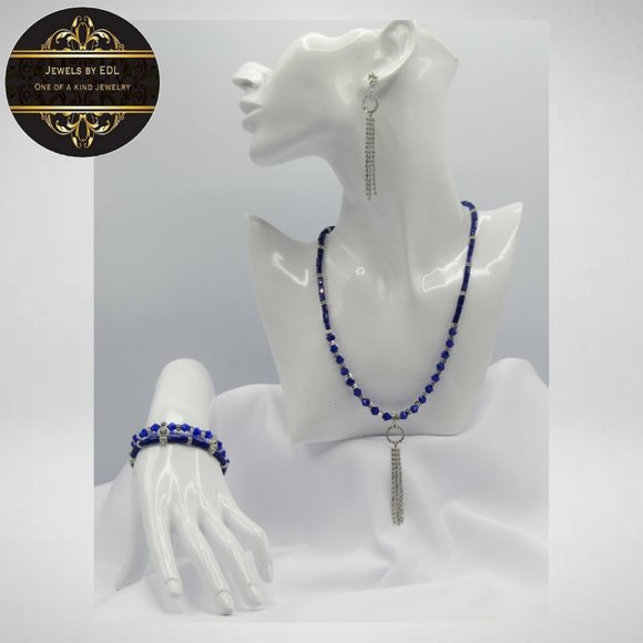 BLUE RHINESTONE TASSEL Beaded Jewelry Set - Picture 1 of 5